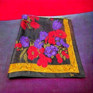 Vtg Signed Honey Scarf 31" Purple Red Flowers Gold Frame Black Square Large Bold